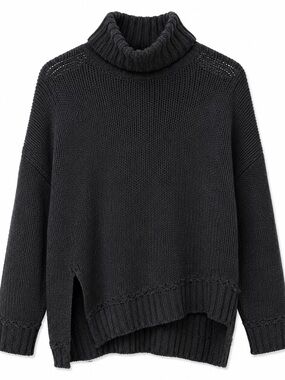 Aerie Women’s Black Chunky Knit Turtleneck Sweater Oversized Split Hem Size L